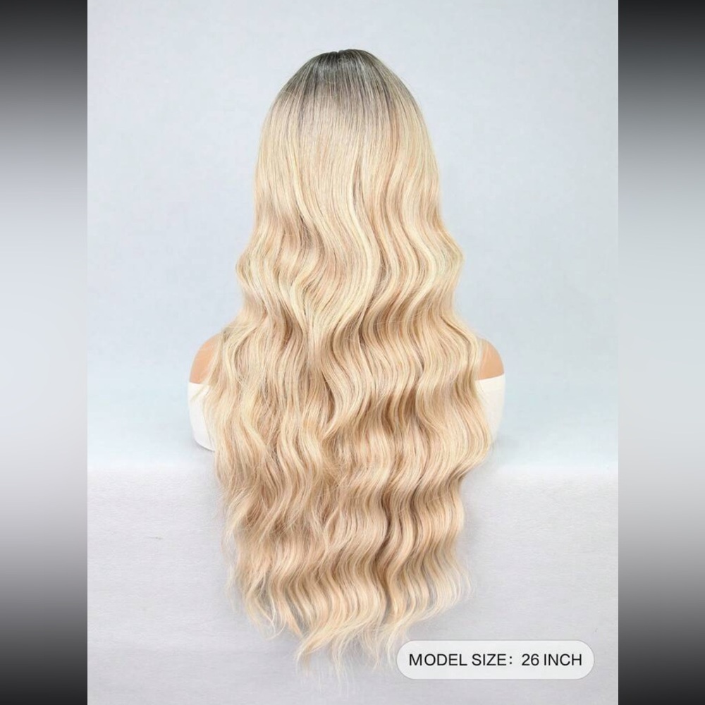 26 inch Long Wavy Blonde Wig with Bangs - Synthetic hair, but natural looking.